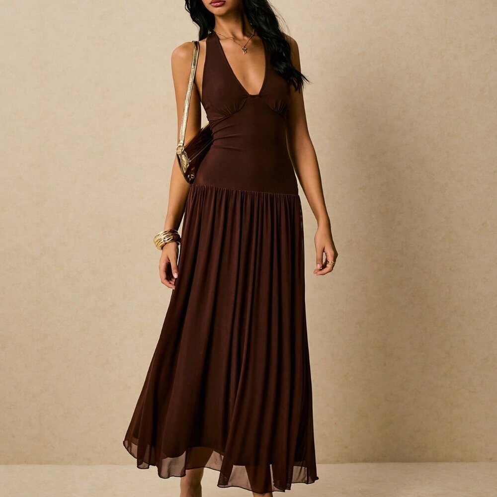 Brown Sexy Women's Flowy Sleeveless Sun Dress - Picture 4 of 7